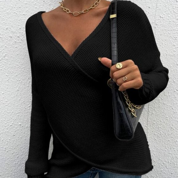 BOHO Off Shoulder Surplice Knit Sweater Black - Picture 5 of 7